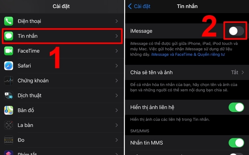 Chọn Tin nhắn v&agrave; tắt iMessage